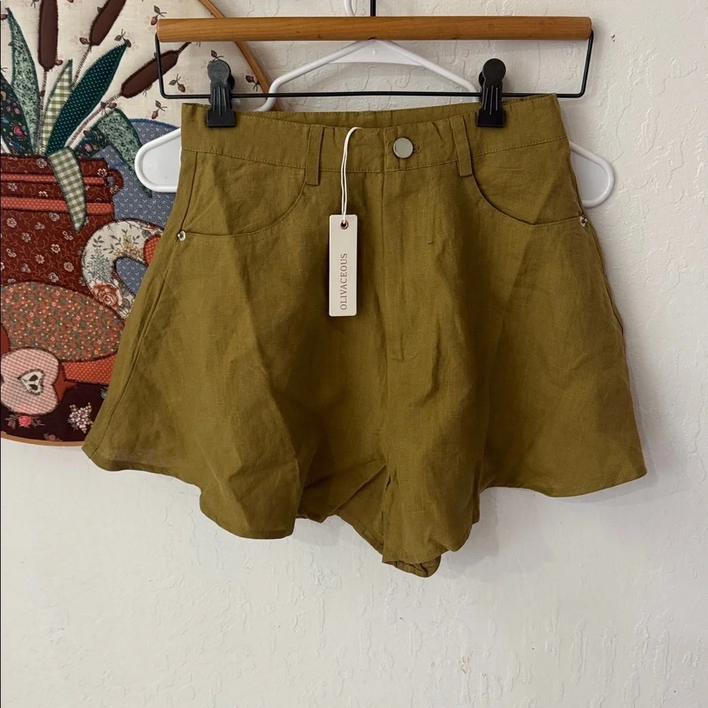 Olivaceous Green Linen Blend Lightweight Butterfly Flare Short High Rise S NWT